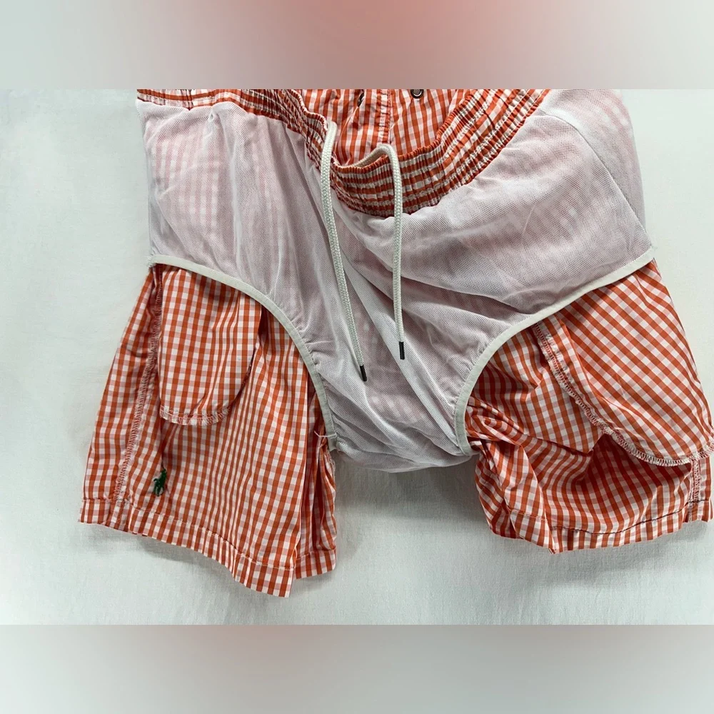 Polo Ralph Lauren Swim Shorts Mens XL Orange White Gingham‎ Check Mesh Lined